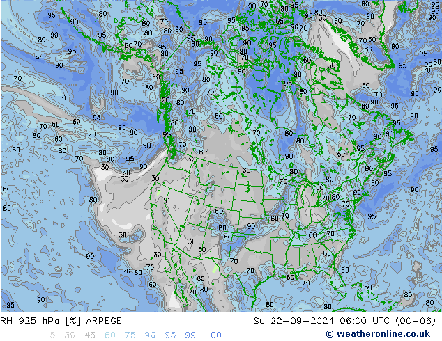 RH 925 hPa ARPEGE So 22.09.2024 06 UTC