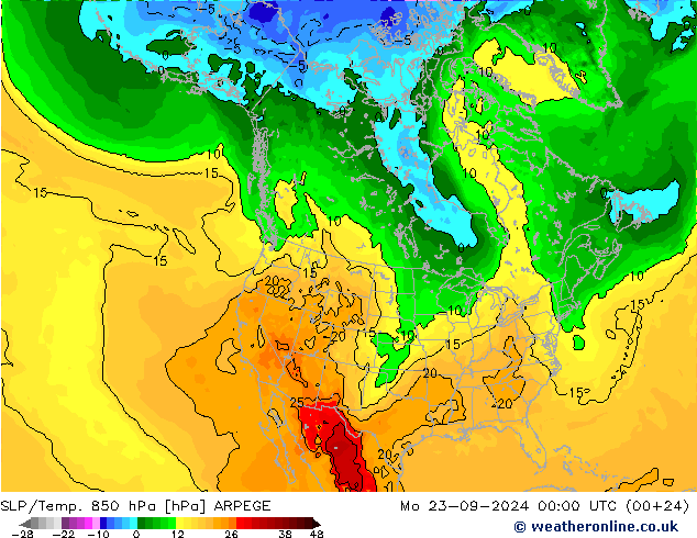 SLP/Temp. 850 hPa ARPEGE 星期一 23.09.2024 00 UTC