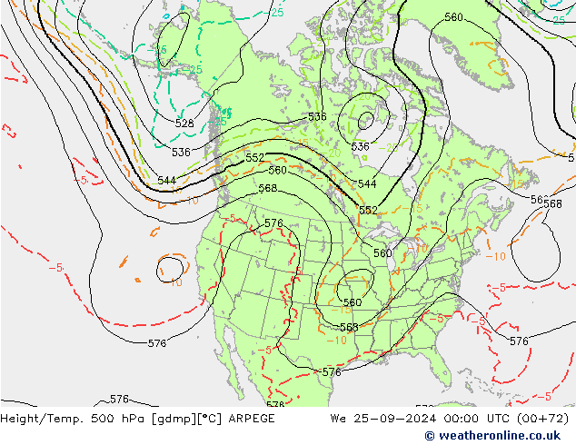 Height/Temp. 500 hPa ARPEGE St 25.09.2024 00 UTC