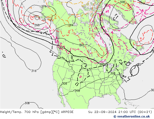 Height/Temp. 700 hPa ARPEGE 星期日 22.09.2024 21 UTC