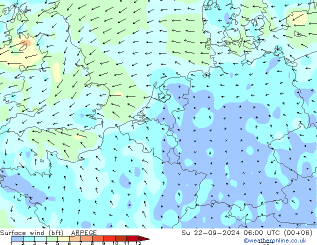 Surface wind (bft) ARPEGE Ne 22.09.2024 06 UTC