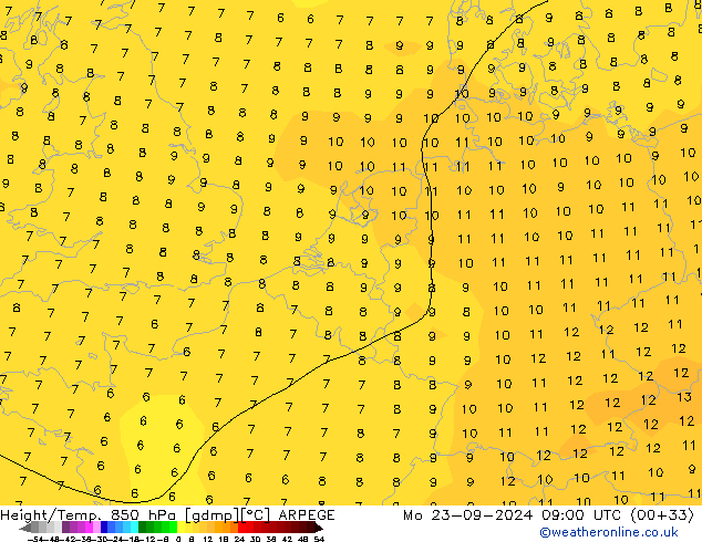 Height/Temp. 850 hPa ARPEGE Mo 23.09.2024 09 UTC