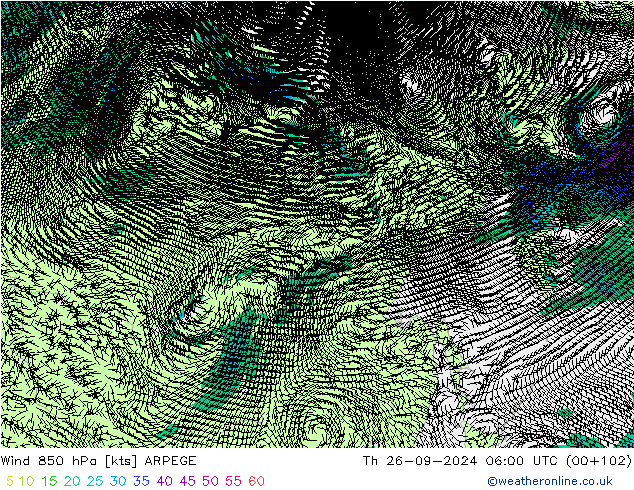 Vento 850 hPa ARPEGE Qui 26.09.2024 06 UTC