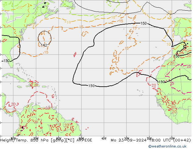 Height/Temp. 850 hPa ARPEGE Mo 23.09.2024 18 UTC