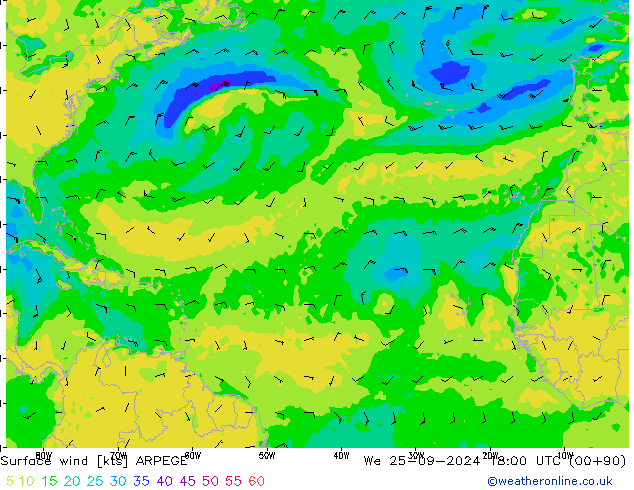 ветер 10 m ARPEGE ср 25.09.2024 18 UTC