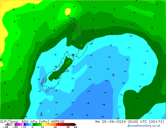 850 hPa Yer Bas./Sıc ARPEGE Çar 25.09.2024 00 UTC