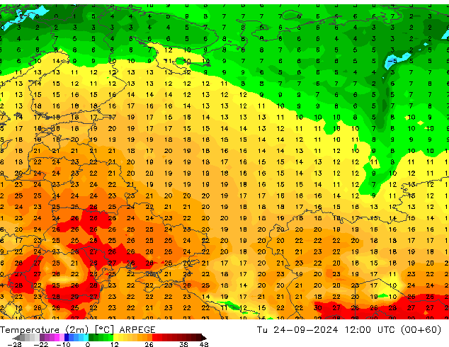 Temperature (2m) ARPEGE Tu 24.09.2024 12 UTC