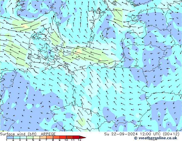 Vento 10 m (bft) ARPEGE dom 22.09.2024 12 UTC