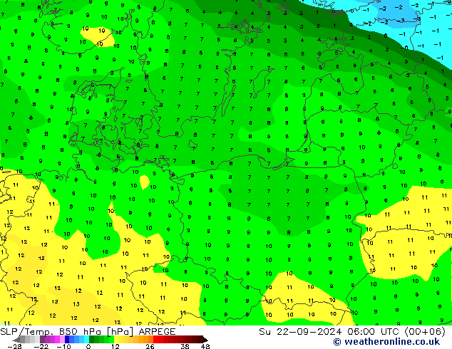 SLP/Temp. 850 гПа ARPEGE Вс 22.09.2024 06 UTC