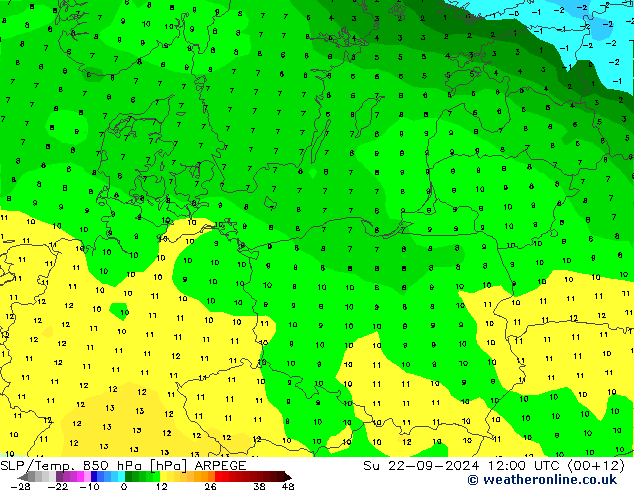 SLP/Temp. 850 hPa ARPEGE dom 22.09.2024 12 UTC