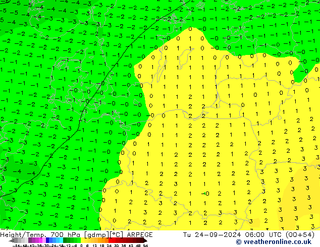 Height/Temp. 700 hPa ARPEGE Tu 24.09.2024 06 UTC