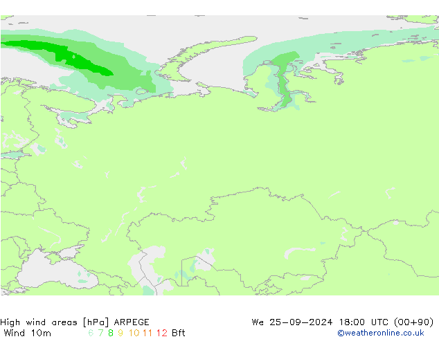 High wind areas ARPEGE mer 25.09.2024 18 UTC