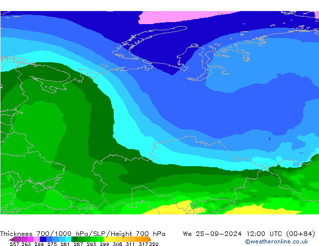 Dikte700-1000 hPa ARPEGE wo 25.09.2024 12 UTC