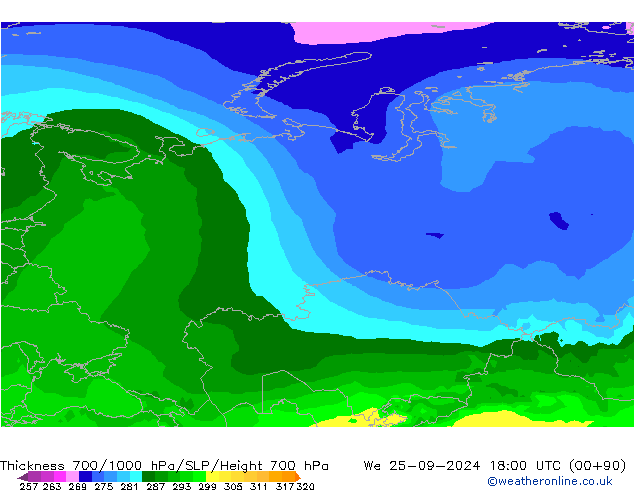 Thck 700-1000 hPa ARPEGE We 25.09.2024 18 UTC