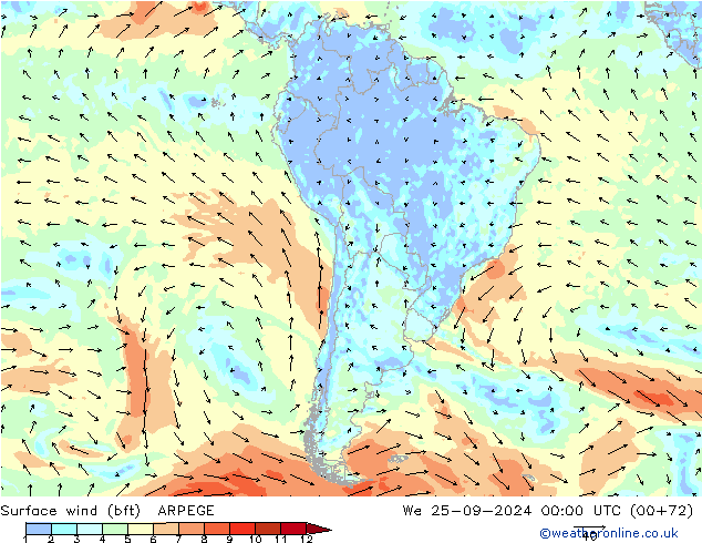 Bodenwind (bft) ARPEGE Mi 25.09.2024 00 UTC