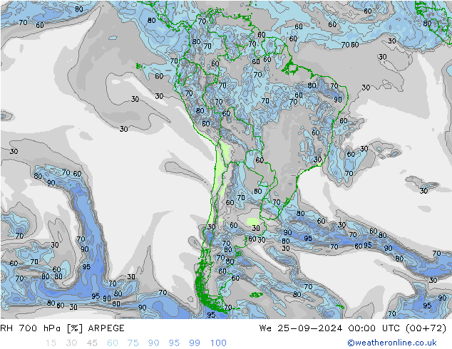 RH 700 hPa ARPEGE Mi 25.09.2024 00 UTC