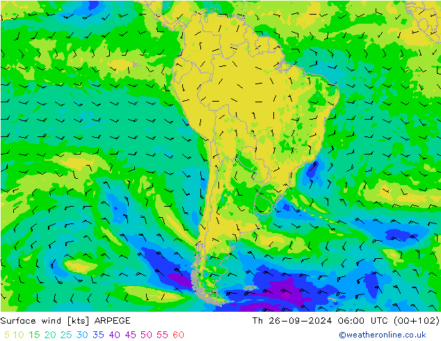 Vento 10 m ARPEGE Qui 26.09.2024 06 UTC