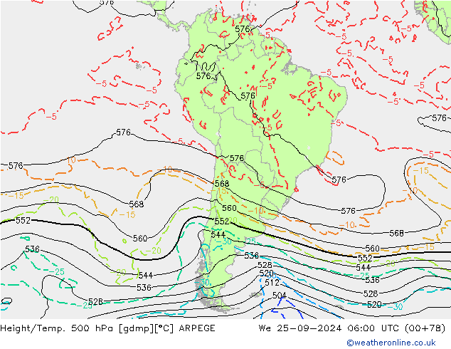 Hoogte/Temp. 500 hPa ARPEGE wo 25.09.2024 06 UTC