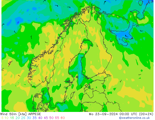 Vento 50 m ARPEGE Seg 23.09.2024 00 UTC