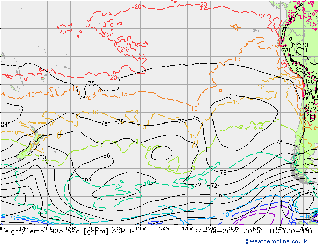 Height/Temp. 925 hPa ARPEGE Ter 24.09.2024 00 UTC