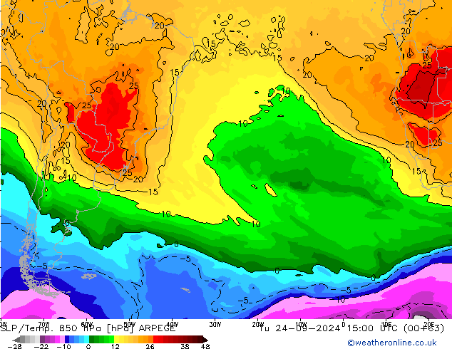 850 hPa Yer Bas./Sıc ARPEGE Sa 24.09.2024 15 UTC