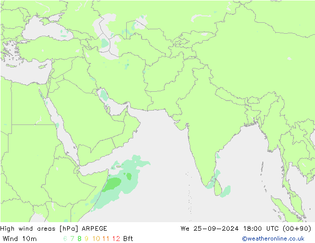 High wind areas ARPEGE mer 25.09.2024 18 UTC