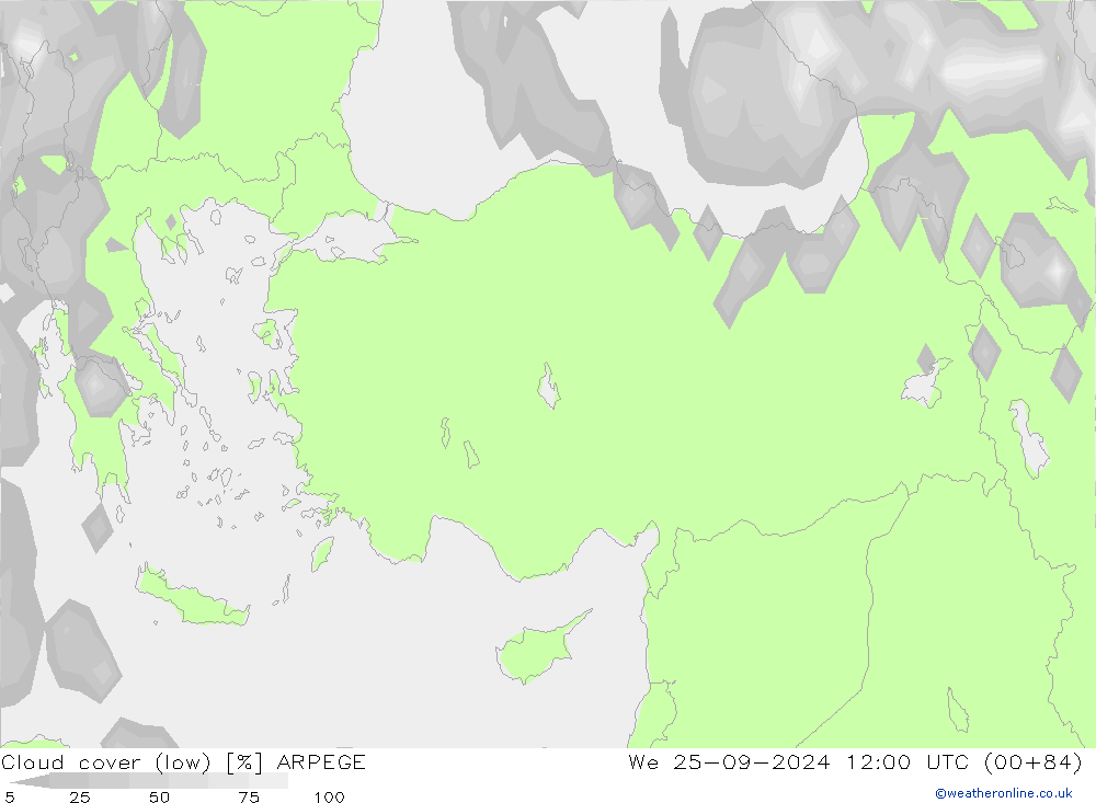 Cloud cover (low) ARPEGE We 25.09.2024 12 UTC