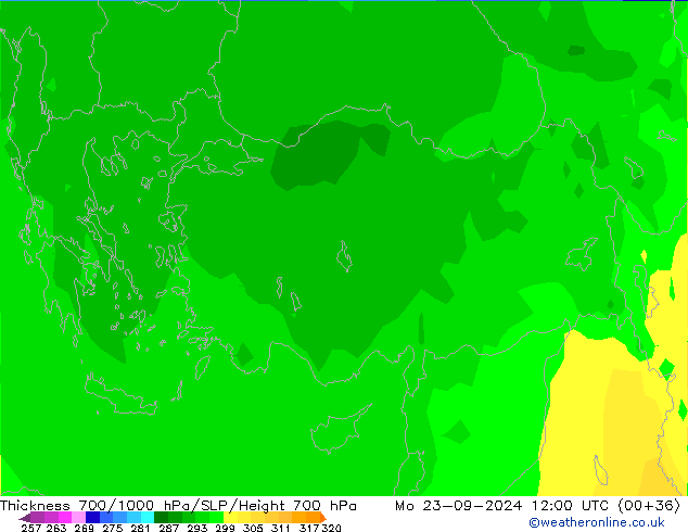 Espesor 700-1000 hPa ARPEGE lun 23.09.2024 12 UTC