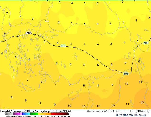 Yükseklik/Sıc. 700 hPa ARPEGE Çar 25.09.2024 06 UTC