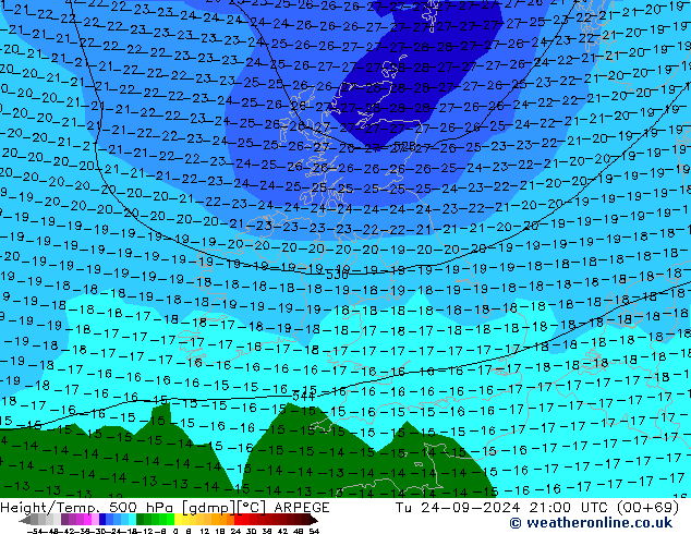 Hoogte/Temp. 500 hPa ARPEGE di 24.09.2024 21 UTC