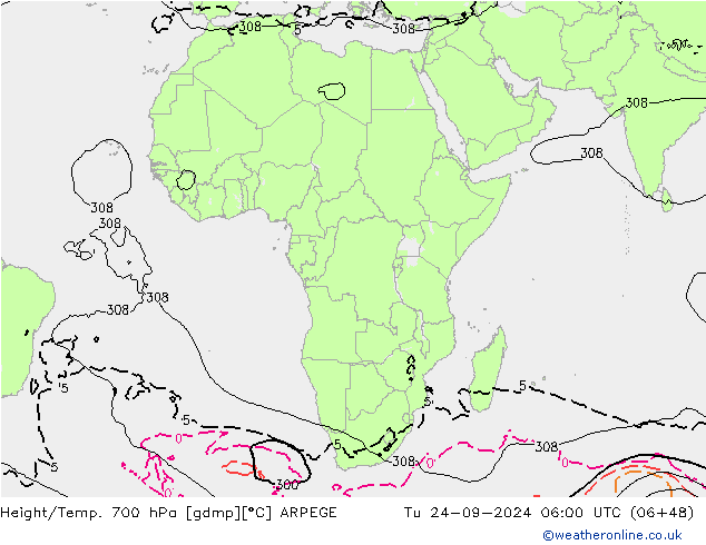 Hoogte/Temp. 700 hPa ARPEGE di 24.09.2024 06 UTC