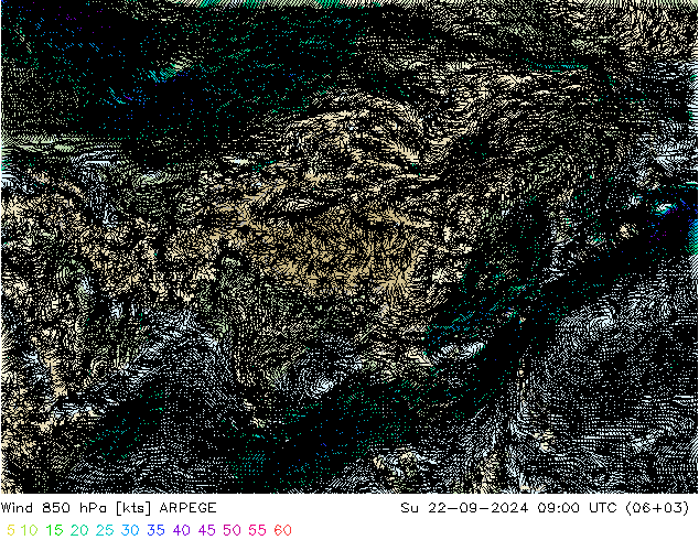 Wind 850 hPa ARPEGE So 22.09.2024 09 UTC