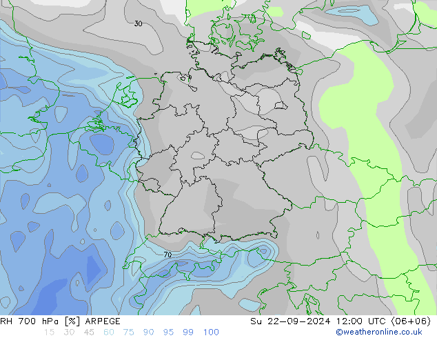 RH 700 hPa ARPEGE Su 22.09.2024 12 UTC