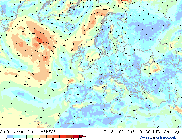 Bodenwind (bft) ARPEGE Di 24.09.2024 00 UTC