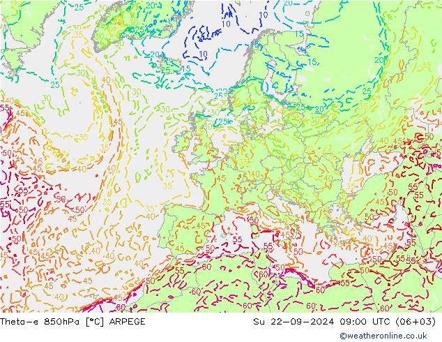 Theta-e 850гПа ARPEGE Вс 22.09.2024 09 UTC