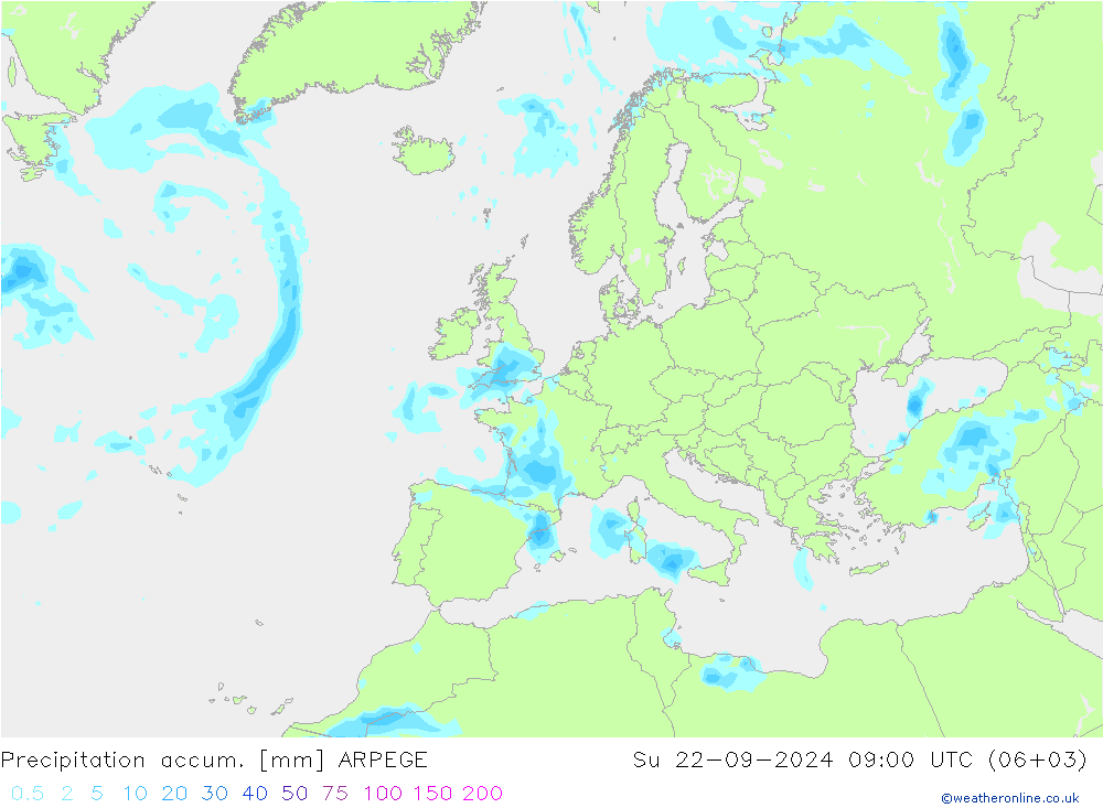 Precipitation accum. ARPEGE 星期日 22.09.2024 09 UTC