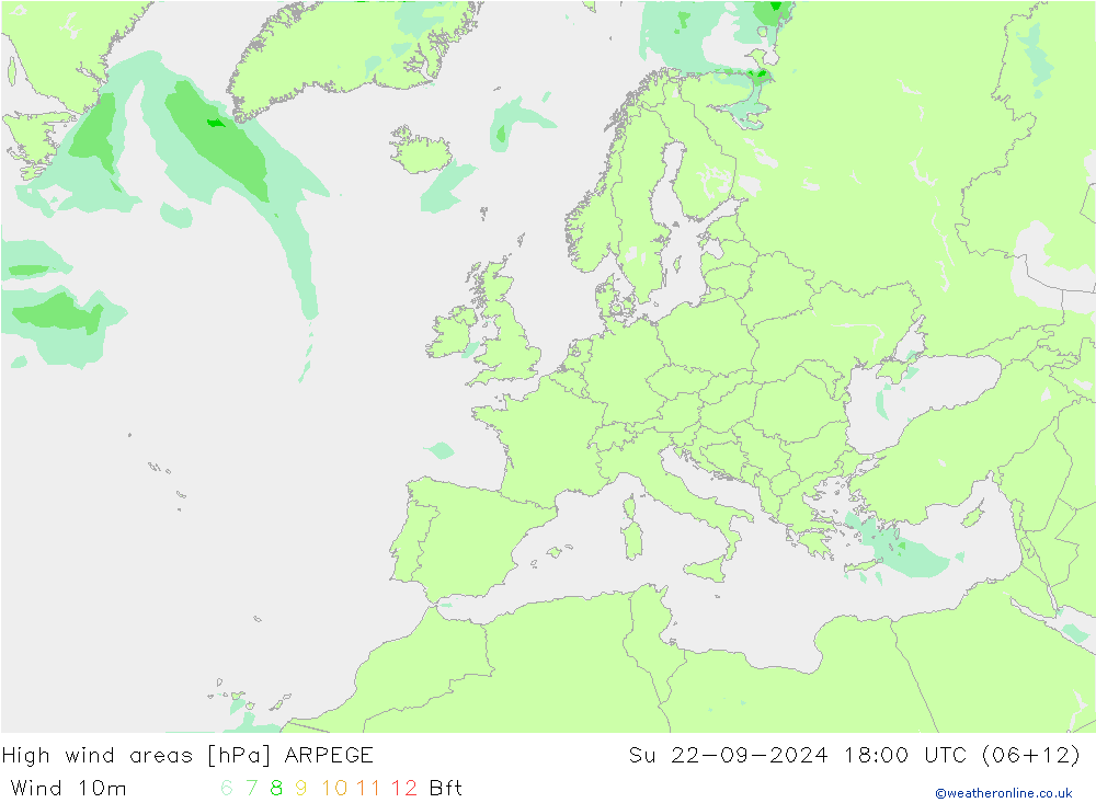 High wind areas ARPEGE dom 22.09.2024 18 UTC