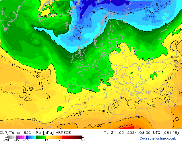 SLP/Temp. 850 hPa ARPEGE mar 24.09.2024 06 UTC