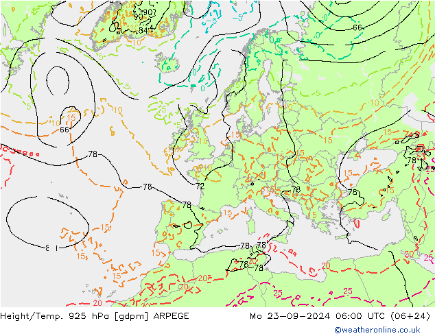 Height/Temp. 925 hPa ARPEGE 星期一 23.09.2024 06 UTC