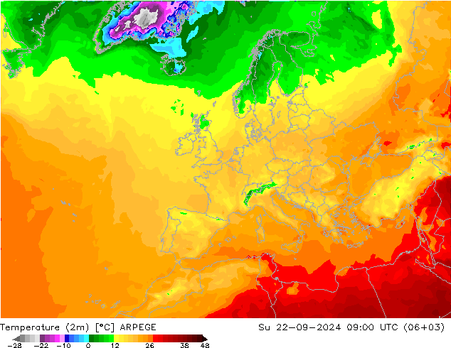 Temperatura (2m) ARPEGE dom 22.09.2024 09 UTC