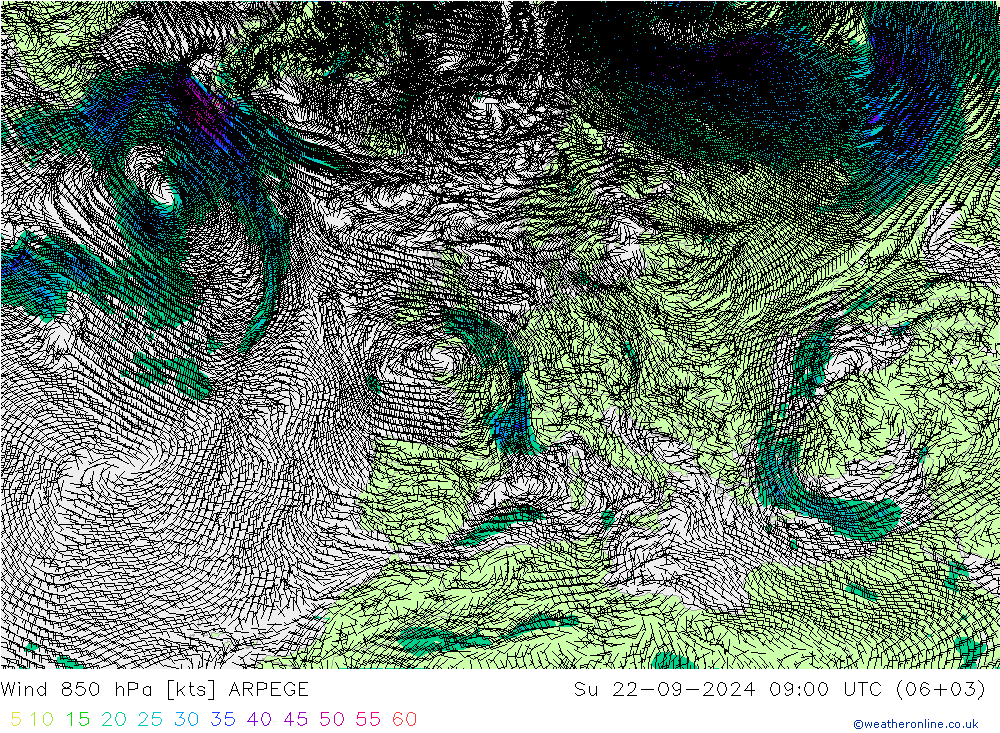 风 850 hPa ARPEGE 星期日 22.09.2024 09 UTC