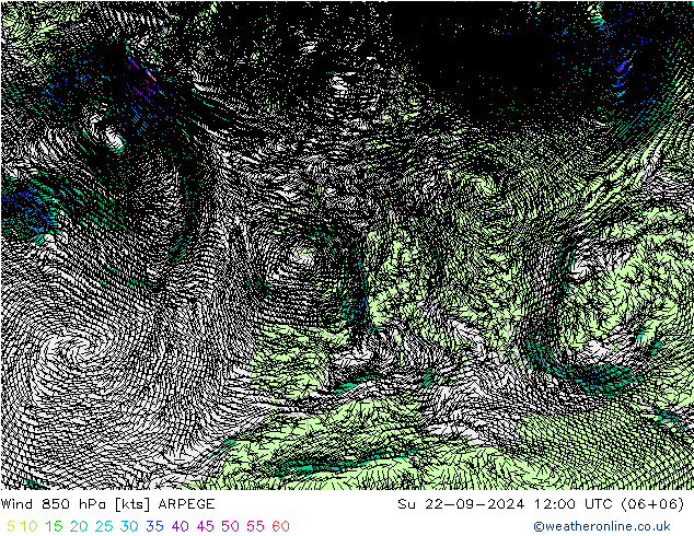 风 850 hPa ARPEGE 星期日 22.09.2024 12 UTC