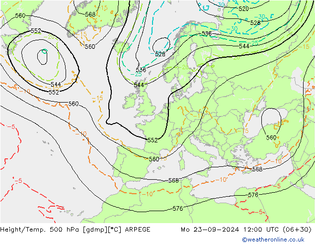 Height/Temp. 500 hPa ARPEGE Seg 23.09.2024 12 UTC