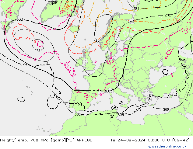 Height/Temp. 700 hPa ARPEGE Út 24.09.2024 00 UTC