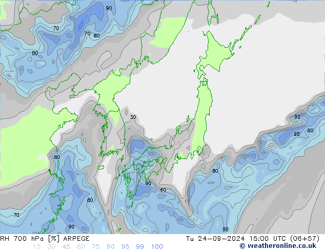 RH 700 hPa ARPEGE Ter 24.09.2024 15 UTC