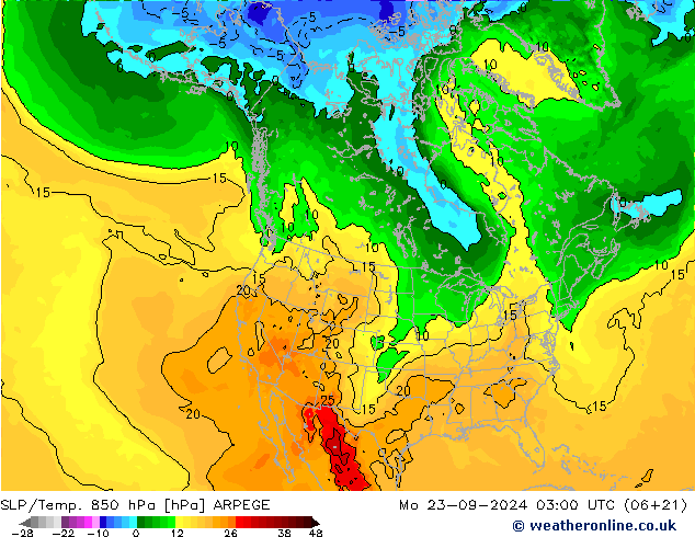 SLP/Temp. 850 hPa ARPEGE 星期一 23.09.2024 03 UTC