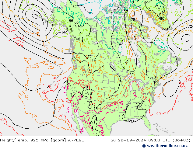 Height/Temp. 925 hPa ARPEGE 星期日 22.09.2024 09 UTC