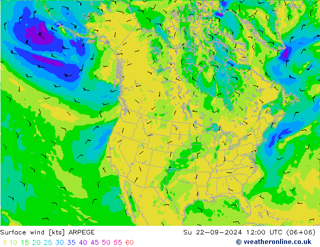 Surface wind ARPEGE Su 22.09.2024 12 UTC