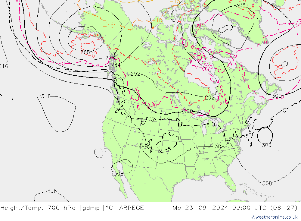 Yükseklik/Sıc. 700 hPa ARPEGE Pzt 23.09.2024 09 UTC