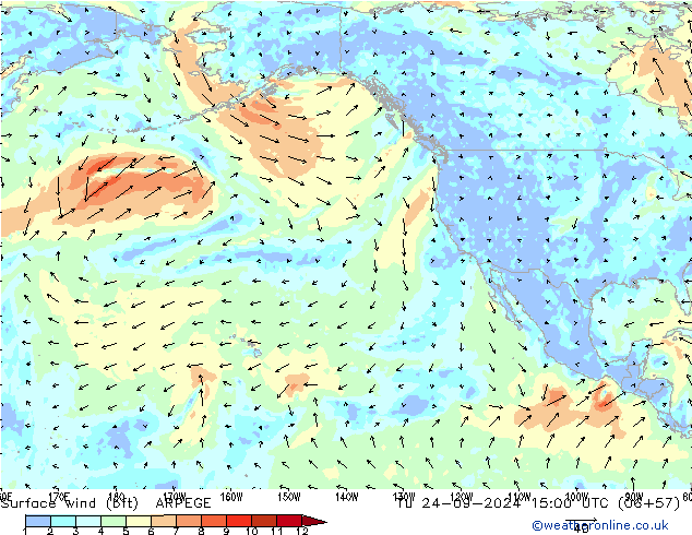 Surface wind (bft) ARPEGE Tu 24.09.2024 15 UTC